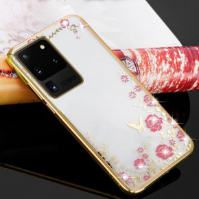 Луксозен силиконов гръб ТПУ ултратънък с 3D камъни и златист кант за  Samsung Galaxy S20 Ultra G988 розови цветя
